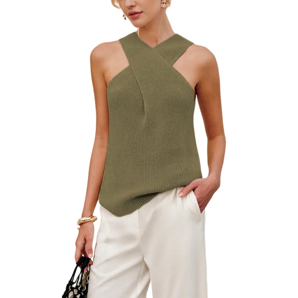 NWT Yeokou Olive Cross Halter Knit Tank Top Sleeveless Blouse Small